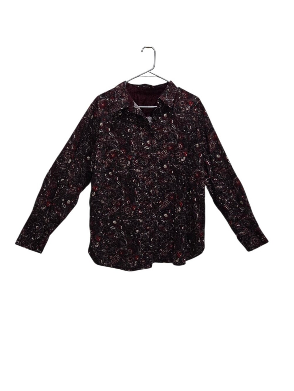 Chaps 1X Burgundy Paisley Cotton Button Down Shirt Floral Contrast Boho Preppy